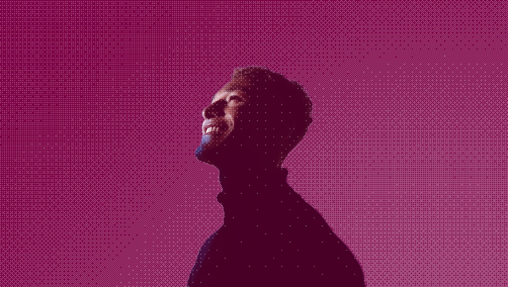 Portrait of a smiling person with a burgundy pixel treatment